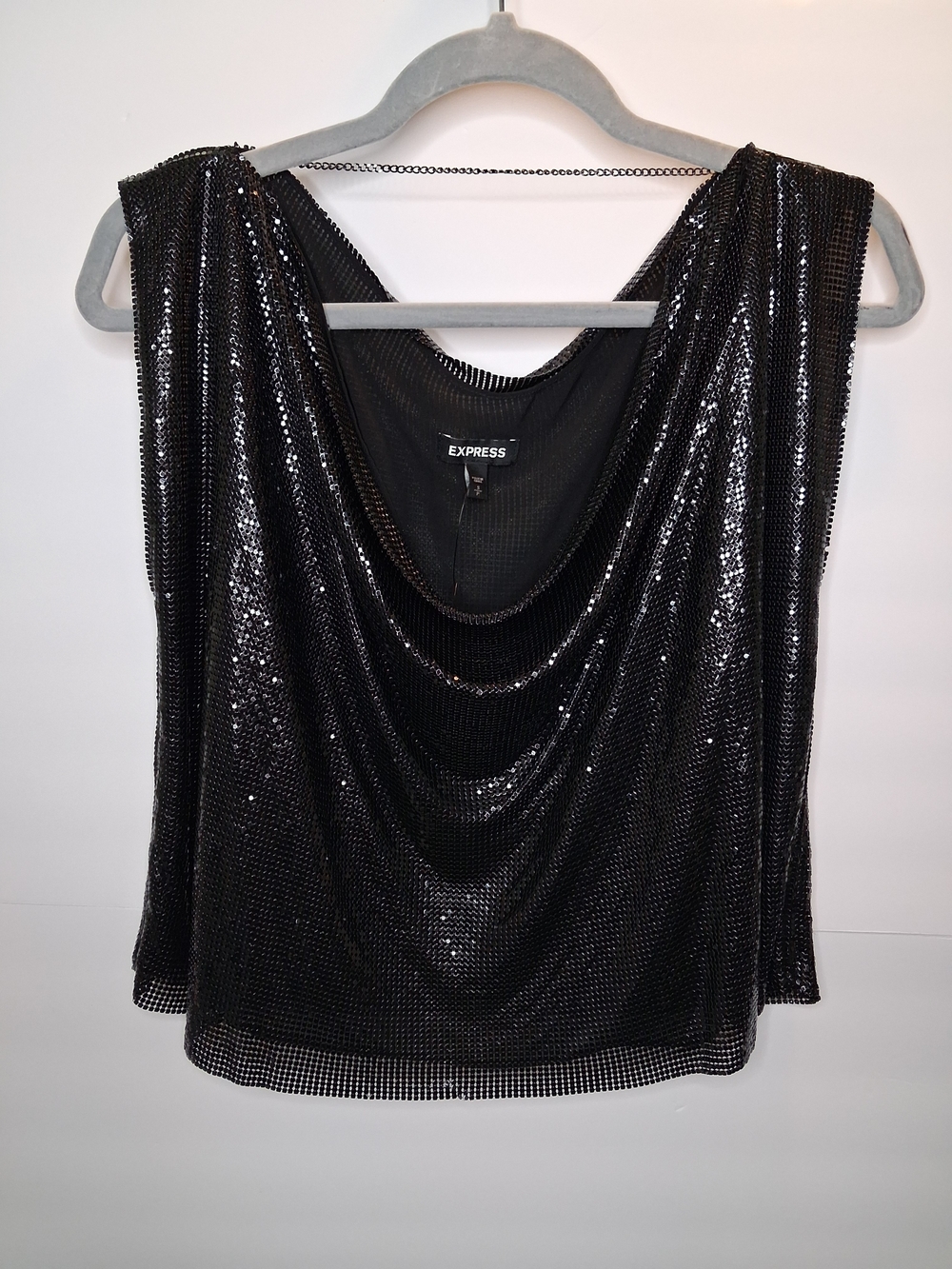 Express Black Sequin Draped Tank Top